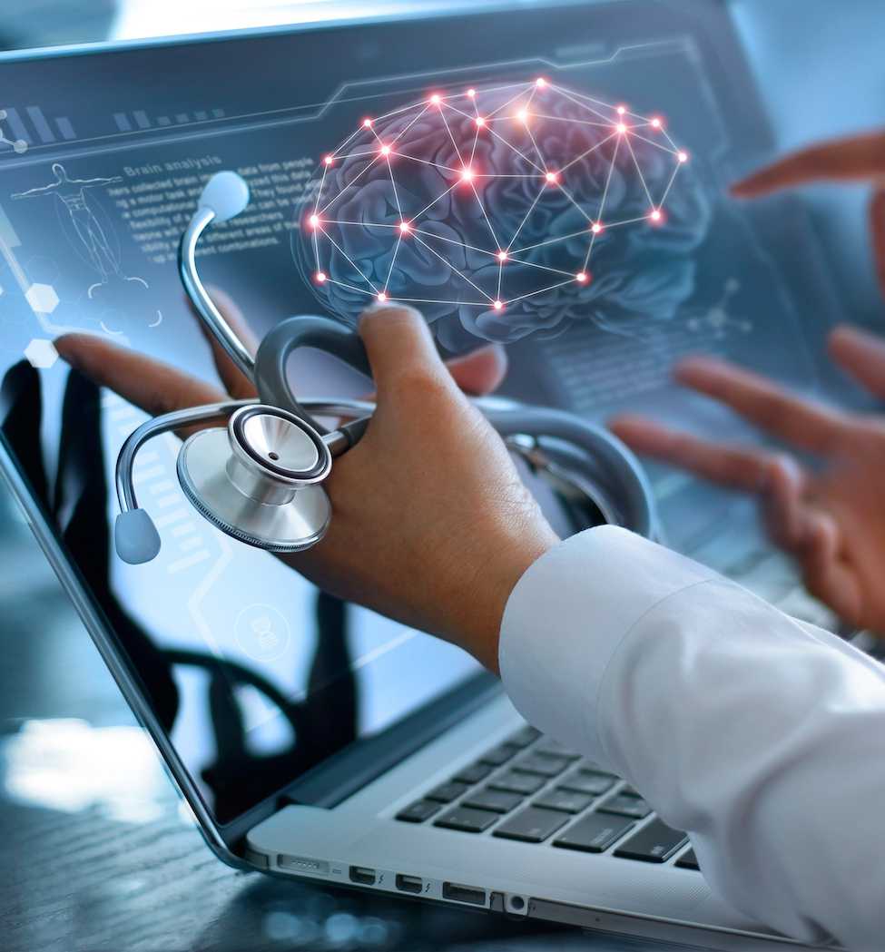 Medicine doctor with EEG brain testing result with modern virtual screen interface on laptop